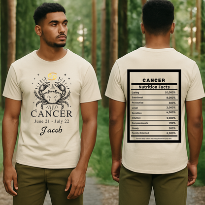 Cancer Zodiac Crab Tee | Astrology Shirt, June 21 to July 22, Nutrition Facts Back
