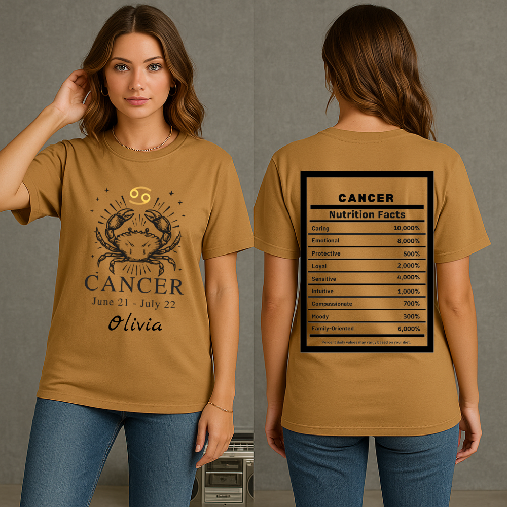 Cancer Zodiac Crab Tee | Astrology Shirt, June 21 to July 22, Nutrition Facts Back