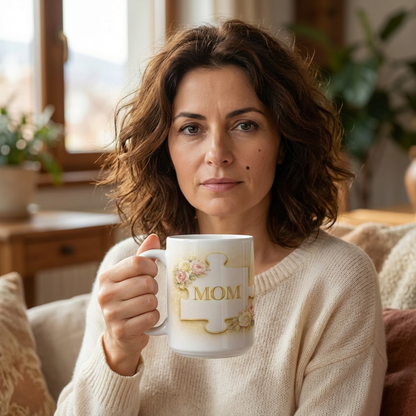 Personalized Mom Puzzle Mug – You Are The Piece That Holds Us Together – Custom Family Name Coffee Cup Gift for Mother