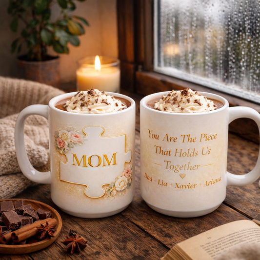 Personalized Mom Puzzle Mug – You Are The Piece That Holds Us Together – Custom Family Name Coffee Cup Gift for Mother