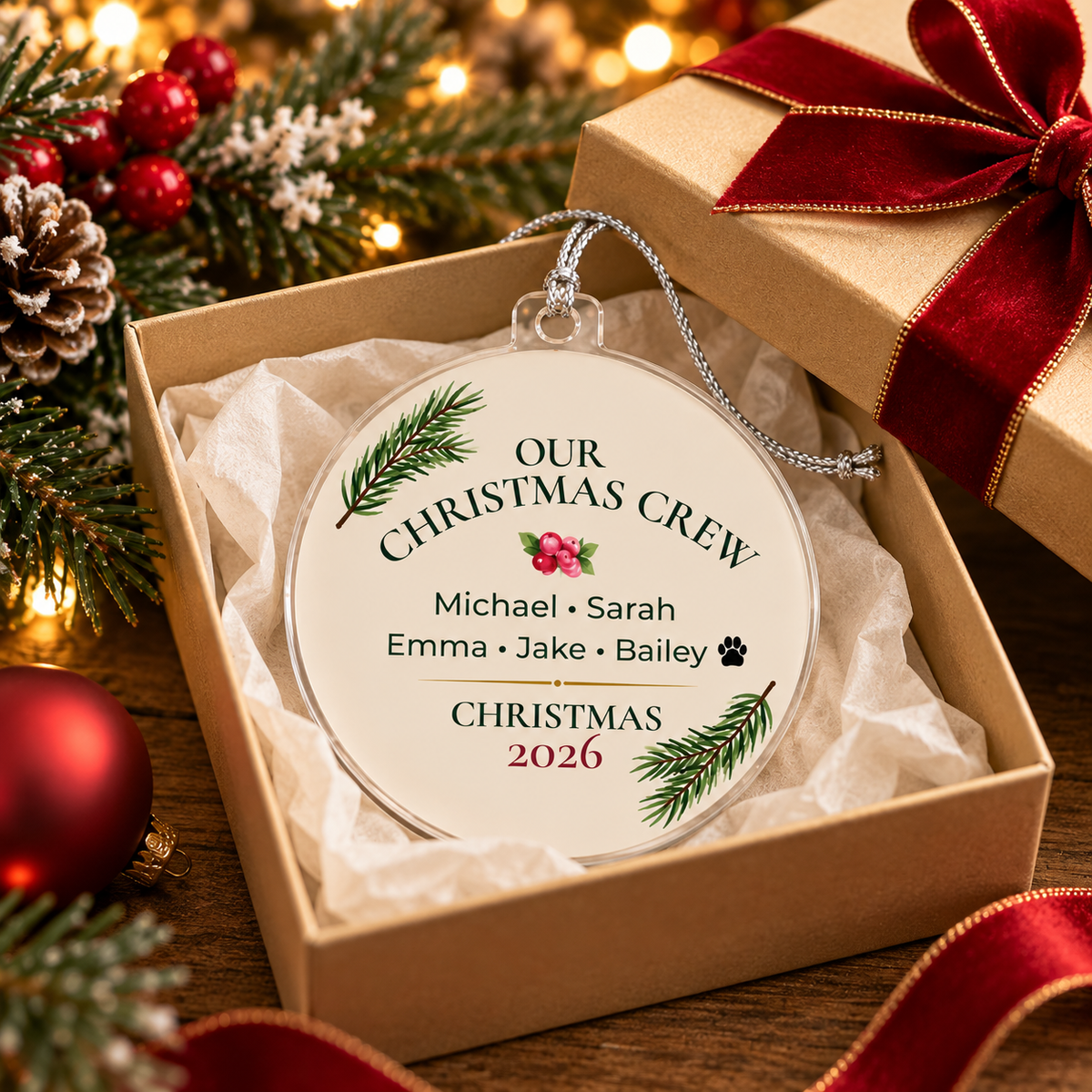 Our Christmas Crew Personalized Family Ornament – Double-Sided Acrylic
