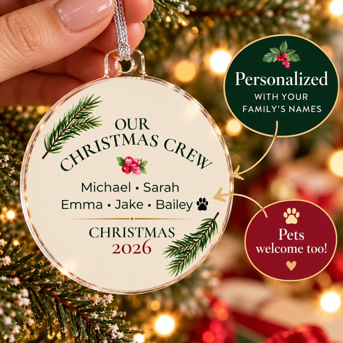Our Christmas Crew Personalized Family Ornament – Double-Sided Acrylic
