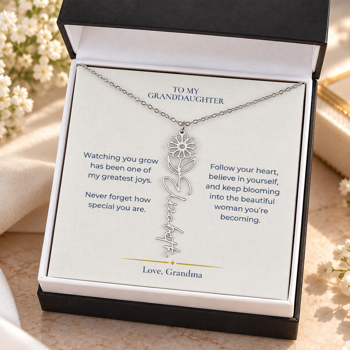 To My Granddaughter Personalized Birth Flower Name Necklace, Gift From Grandma