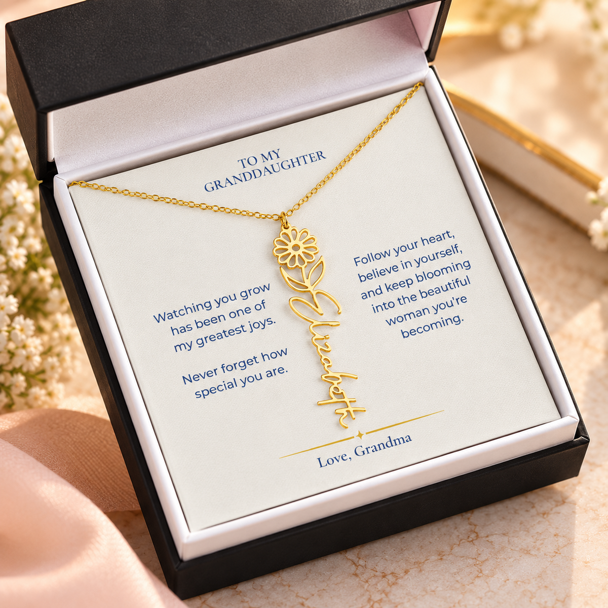 To My Granddaughter Personalized Birth Flower Name Necklace, Gift From Grandma