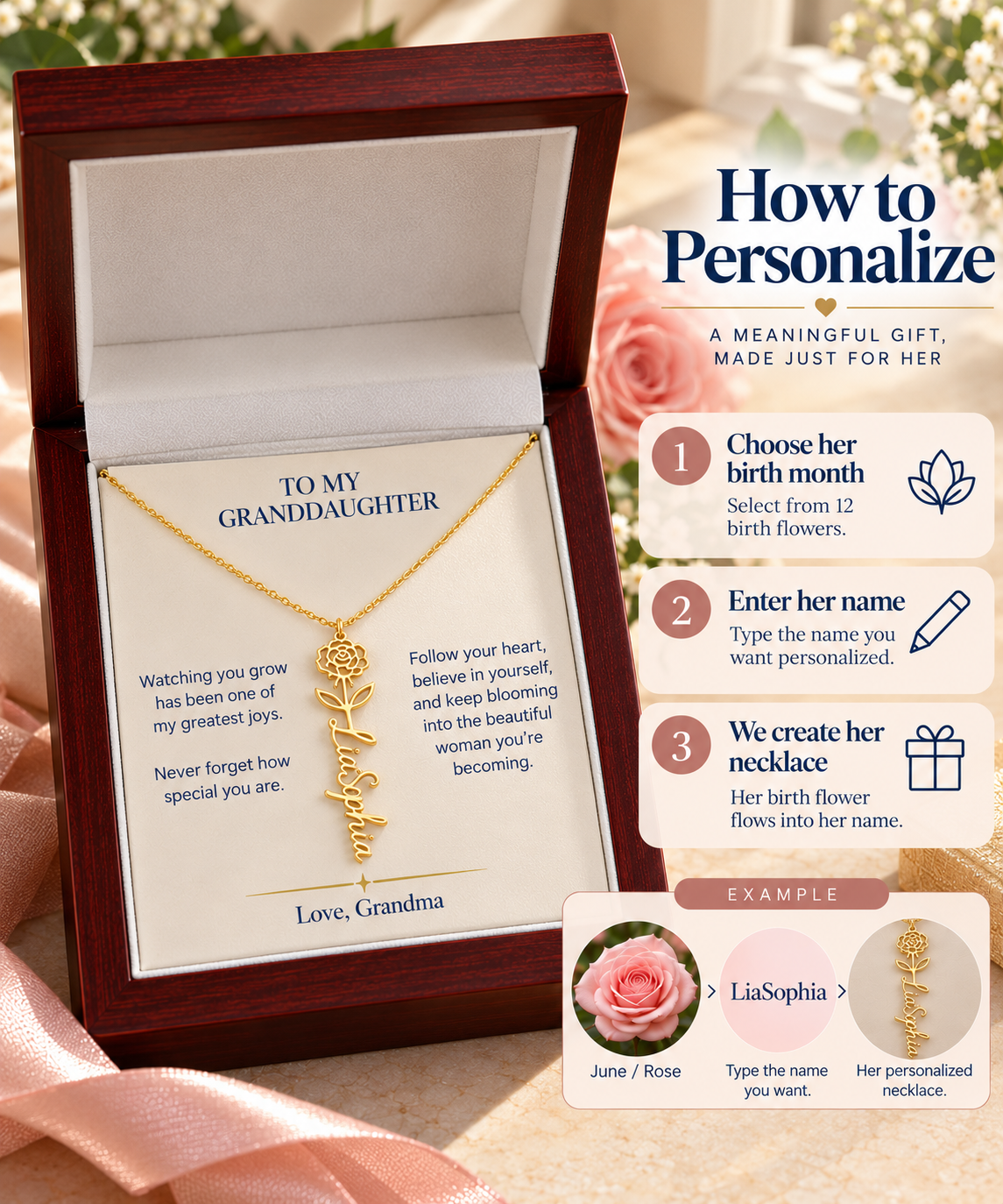 To My Granddaughter Personalized Birth Flower Name Necklace, Gift From Grandma