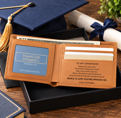 To My Grandson Engraved Leather Wallet, Meaningful Gift From Grandpa