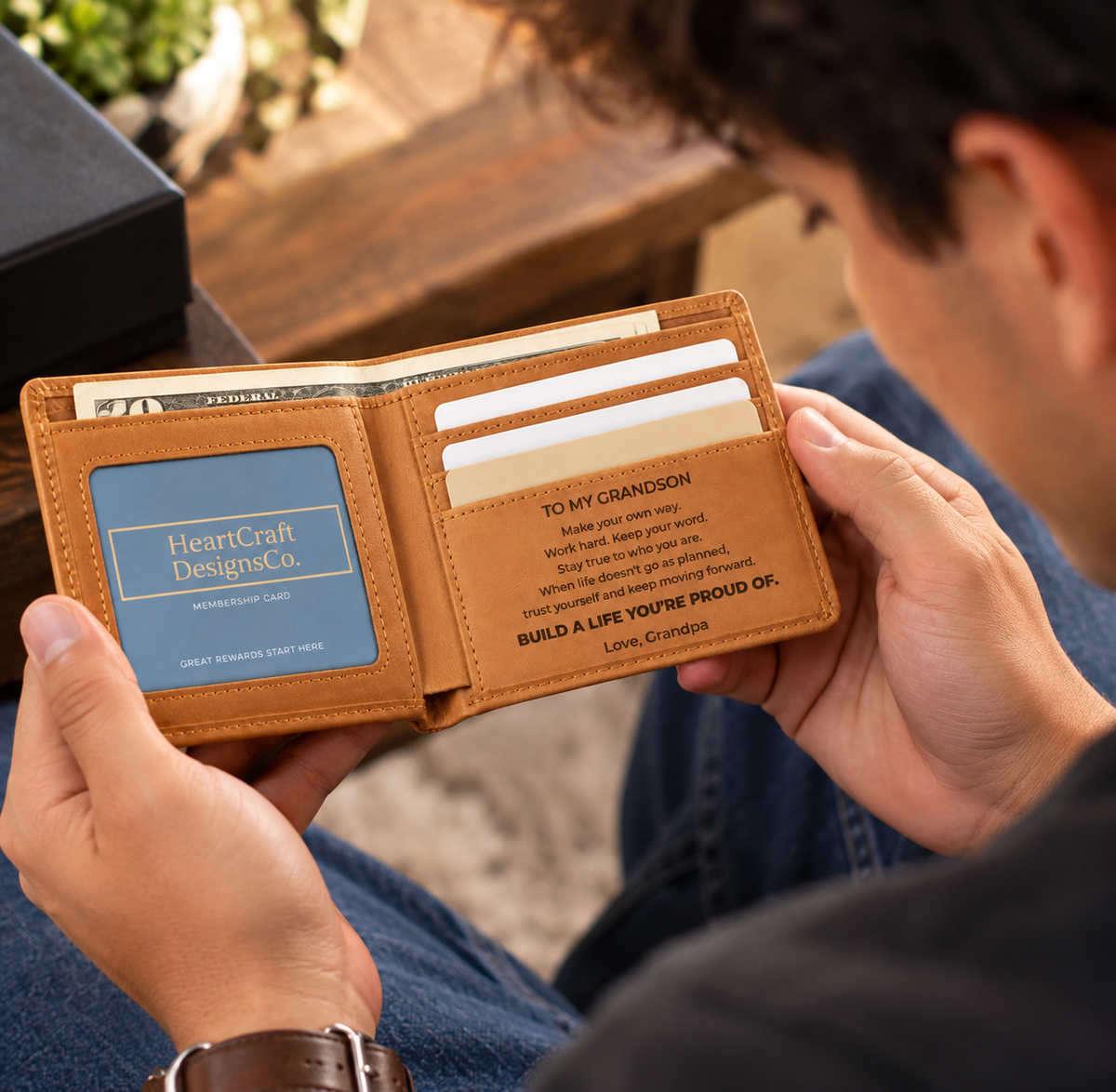 To My Grandson Engraved Leather Wallet, Meaningful Gift From Grandpa