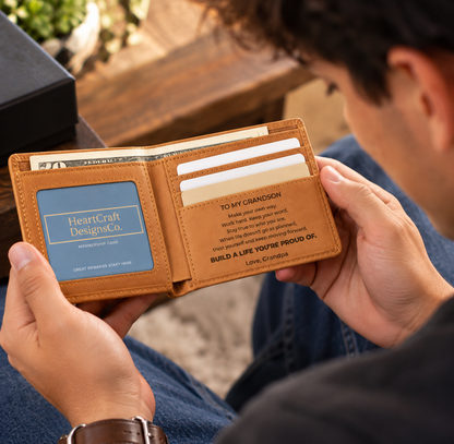 To My Grandson Engraved Leather Wallet, Meaningful Gift From Grandpa