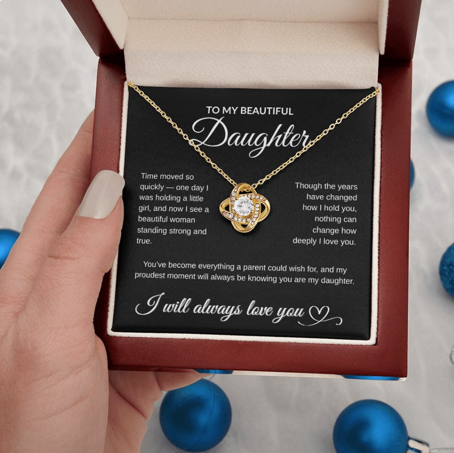 To My Beautiful Daughter Necklace – 14K White Gold or 18K Yellow Gold Finish | Heartfelt Message Card Gift from Mom or Dad | Birthday, Graduation, Christmas Jewelry