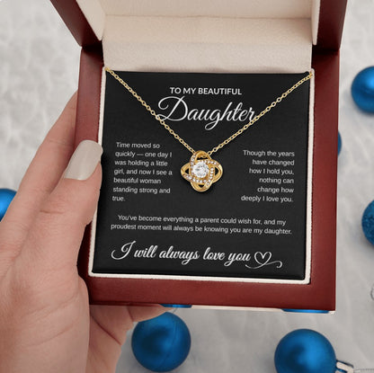 To My Beautiful Daughter Necklace – 14K White Gold or 18K Yellow Gold Finish | Heartfelt Message Card Gift from Mom or Dad | Birthday, Graduation, Christmas Jewelry