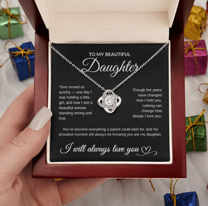 To My Beautiful Daughter Necklace – 14K White Gold or 18K Yellow Gold Finish | Heartfelt Message Card Gift from Mom or Dad | Birthday, Graduation, Christmas Jewelry