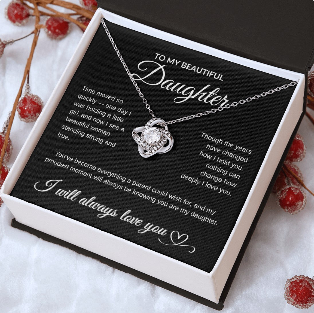 To My Beautiful Daughter Necklace – 14K White Gold or 18K Yellow Gold Finish | Heartfelt Message Card Gift from Mom or Dad | Birthday, Graduation, Christmas Jewelry