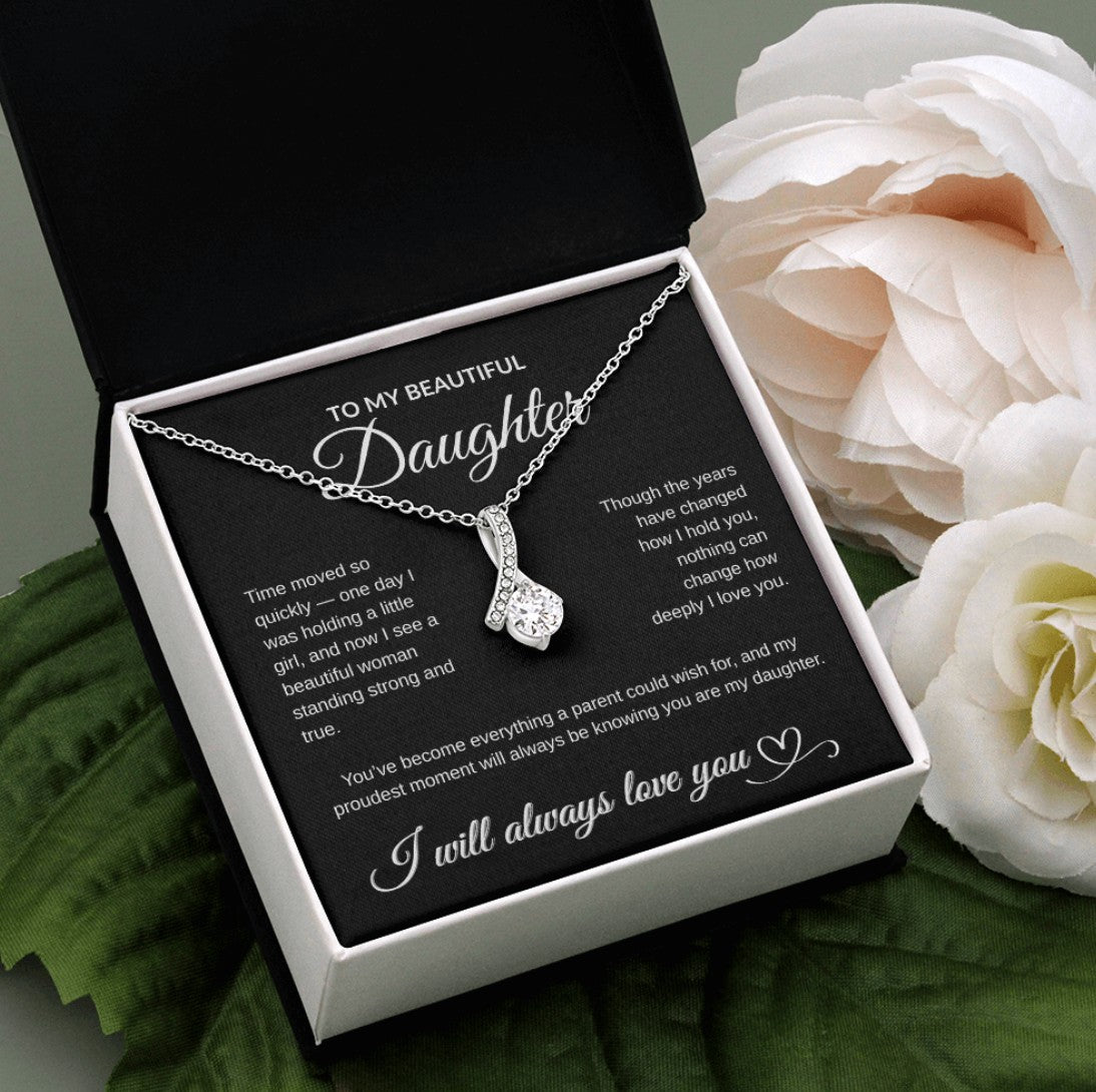 To My Beautiful Daughter – Alluring Beauty Necklace Gift from Parent | White or Yellow Gold Finish