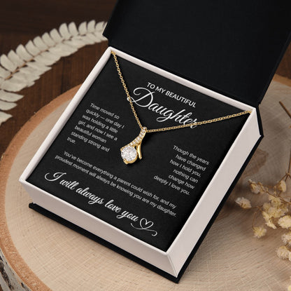 To My Beautiful Daughter – Alluring Beauty Necklace Gift from Parent | White or Yellow Gold Finish