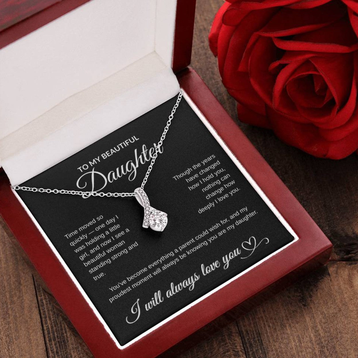 To My Beautiful Daughter – Alluring Beauty Necklace Gift from Parent | White or Yellow Gold Finish