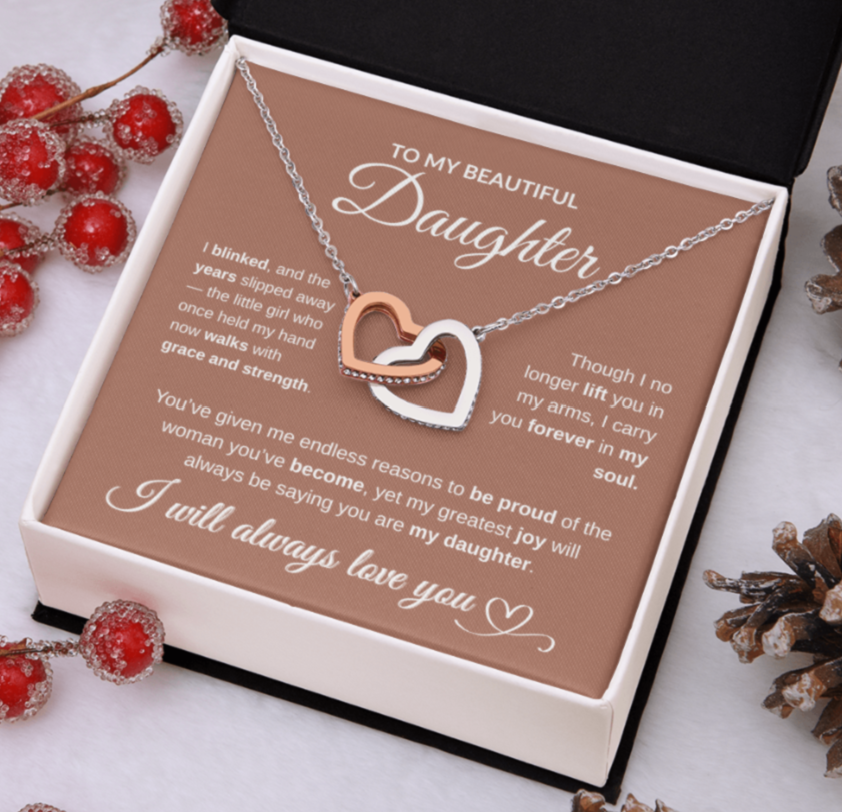 To My Beautiful Daughter – Interlocking Hearts Necklace (Yellow Gold or Rose/White Gold Variants)
