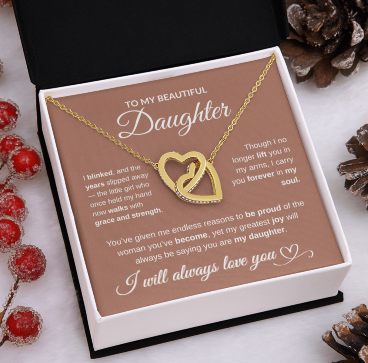 To My Beautiful Daughter – Interlocking Hearts Necklace (Yellow Gold or Rose/White Gold Variants)