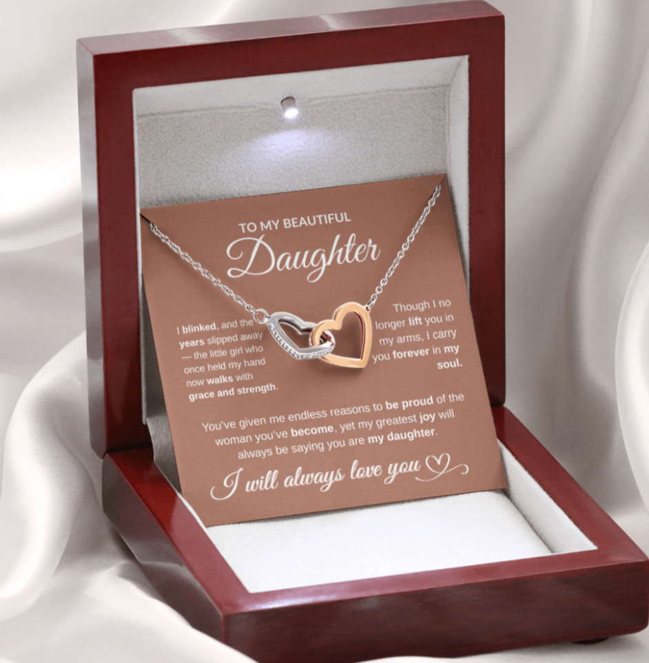 To My Beautiful Daughter – Interlocking Hearts Necklace (Yellow Gold or Rose/White Gold Variants)