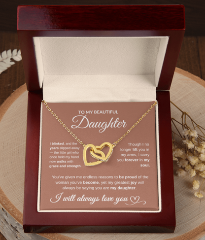 To My Beautiful Daughter – Interlocking Hearts Necklace (Yellow Gold or Rose/White Gold Variants)