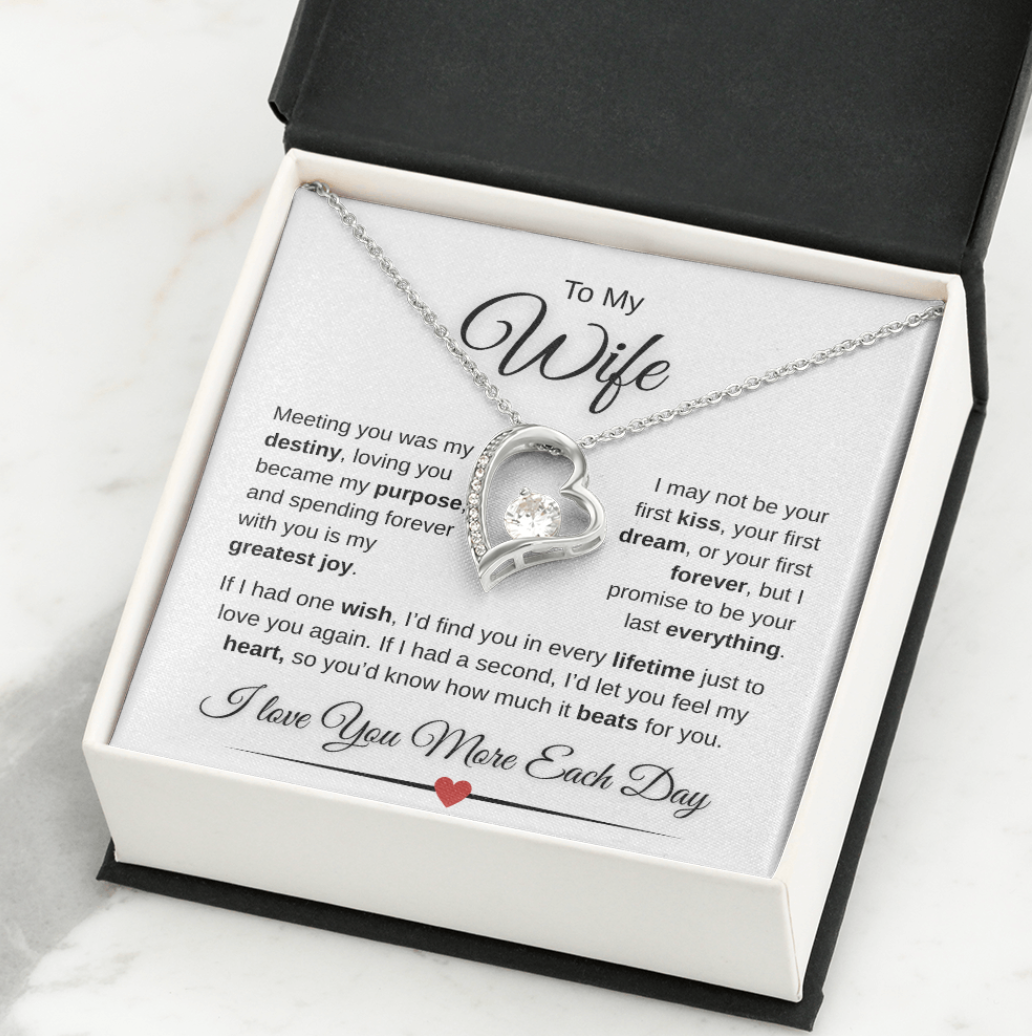 To My Wife Forever Love Necklace – 14K White Gold or 18K Yellow Gold | Romantic Message Gift | Anniversary, Birthday, Christmas Gift for Wife