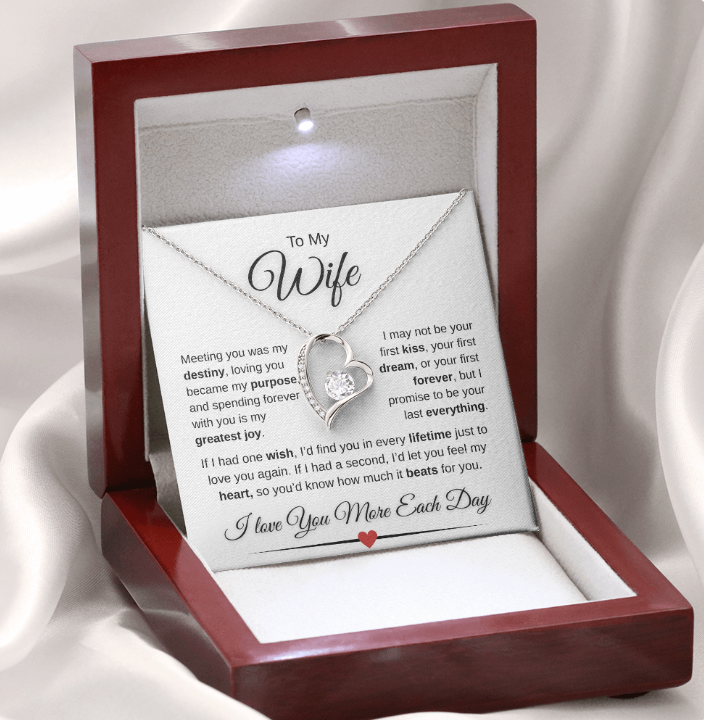 To My Wife Forever Love Necklace – 14K White Gold or 18K Yellow Gold | Romantic Message Gift | Anniversary, Birthday, Christmas Gift for Wife
