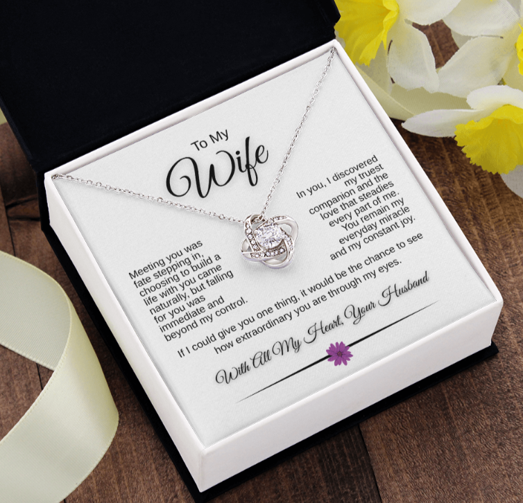 To My Wife – Love Knot Necklace with Romantic Message Card | 14k White Gold or 18k Yellow Gold