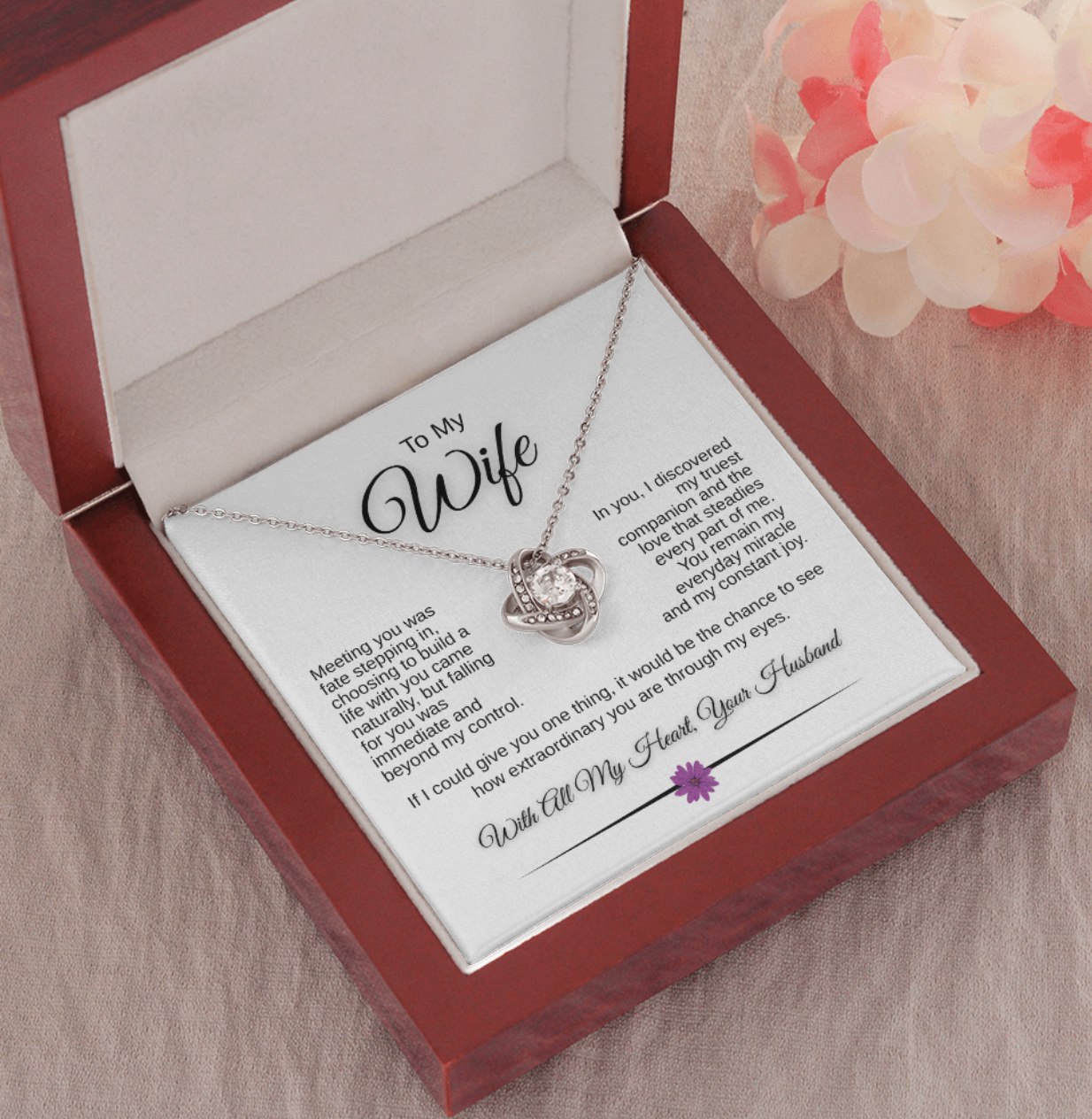 To My Wife – Love Knot Necklace with Romantic Message Card | 14k White Gold or 18k Yellow Gold
