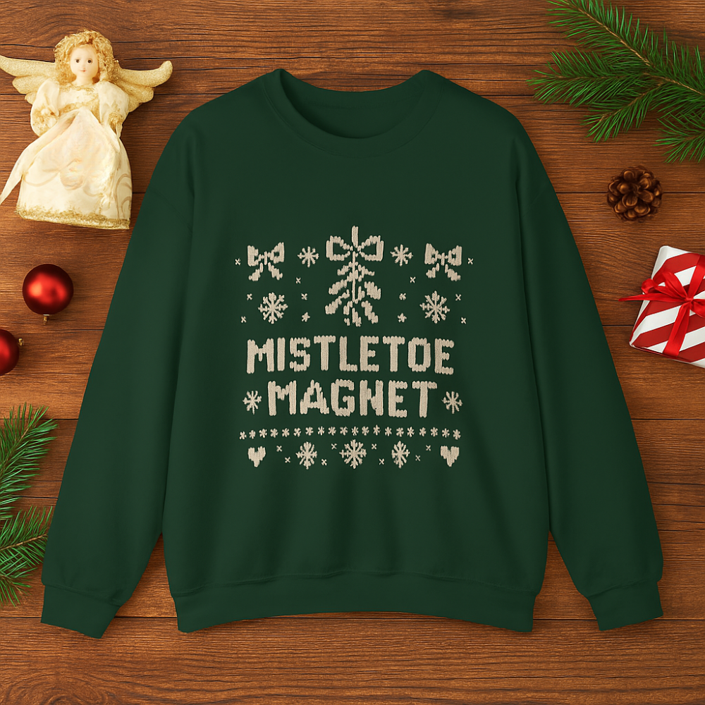 Mistletoe Magnet Christmas Sweatshirt | Funny Holiday Sweater | Cozy Green Unisex Crewneck | Perfect Christmas Gift
