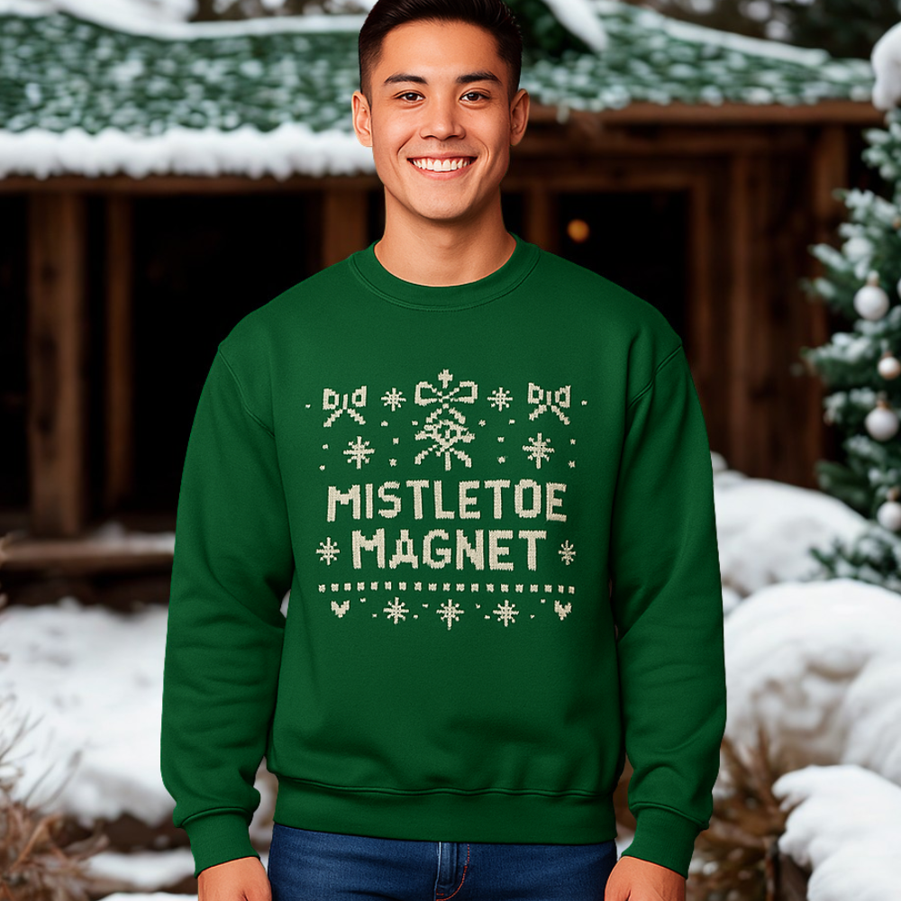 Mistletoe Magnet Christmas Sweatshirt | Funny Holiday Sweater | Cozy Green Unisex Crewneck | Perfect Christmas Gift