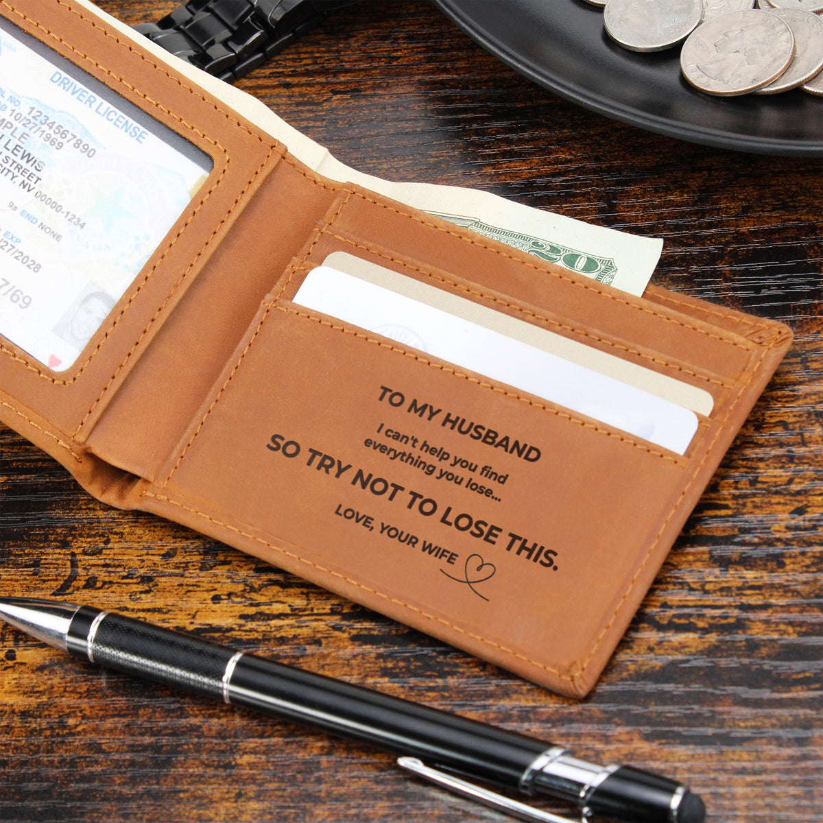 To My Husband, Try Not to Lose This Engraved Leather Wallet