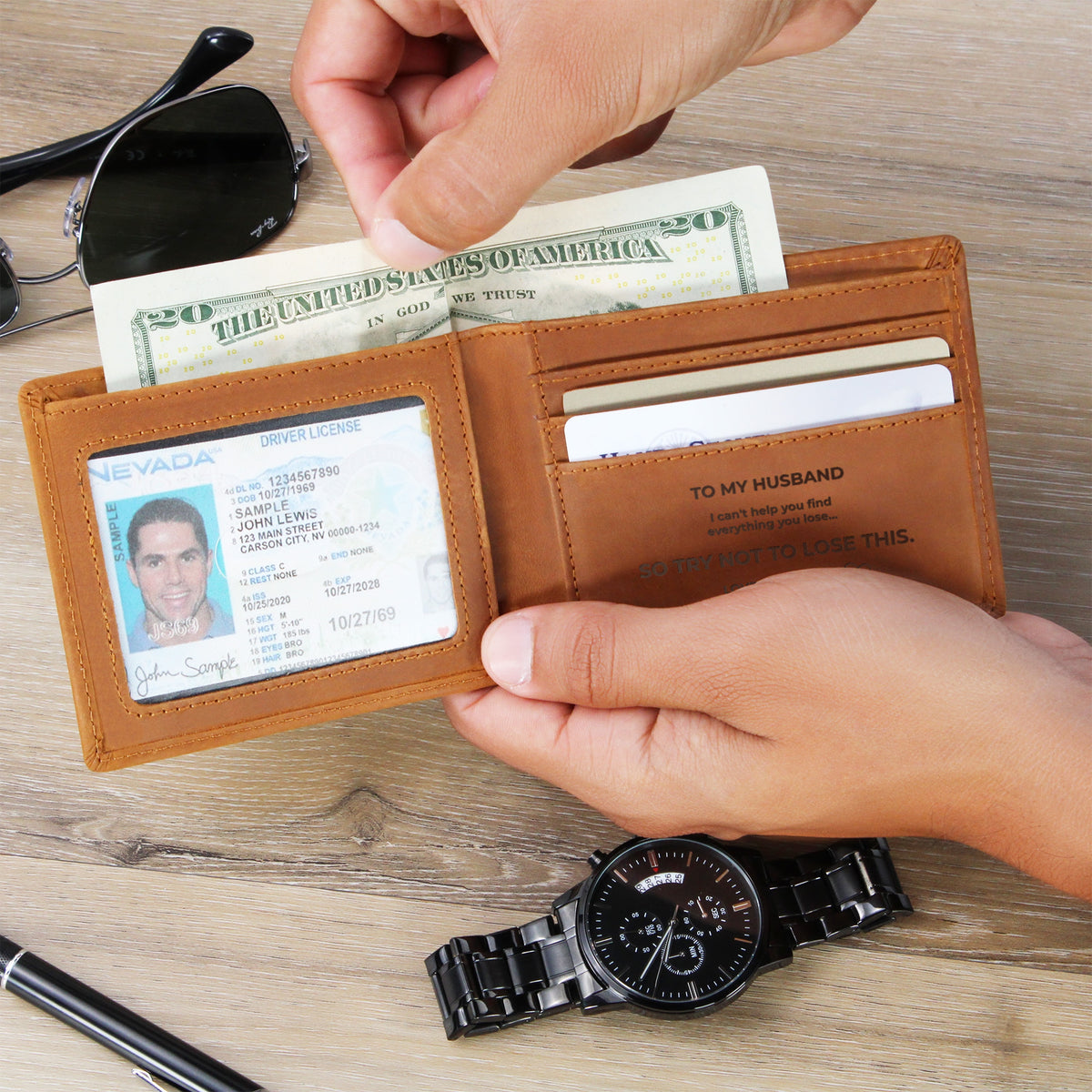 To My Husband, Try Not to Lose This Engraved Leather Wallet