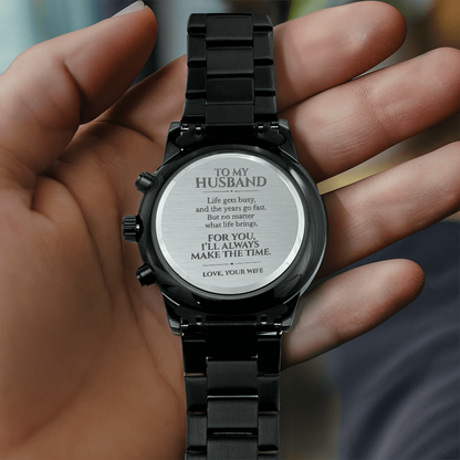 To My Husband Engraved Black Chronograph Watch, Gift From Wife