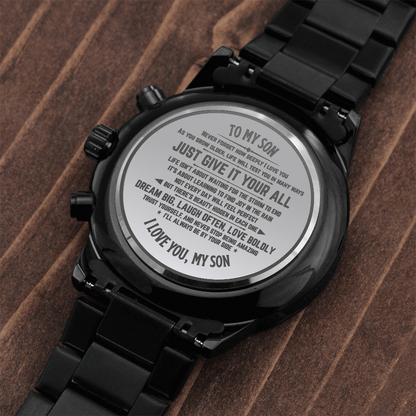 To My Son Black Chronograph Watch – Inspirational Gift from Dad – Meaningful Birthday, Graduation, or Christmas Gift for Son