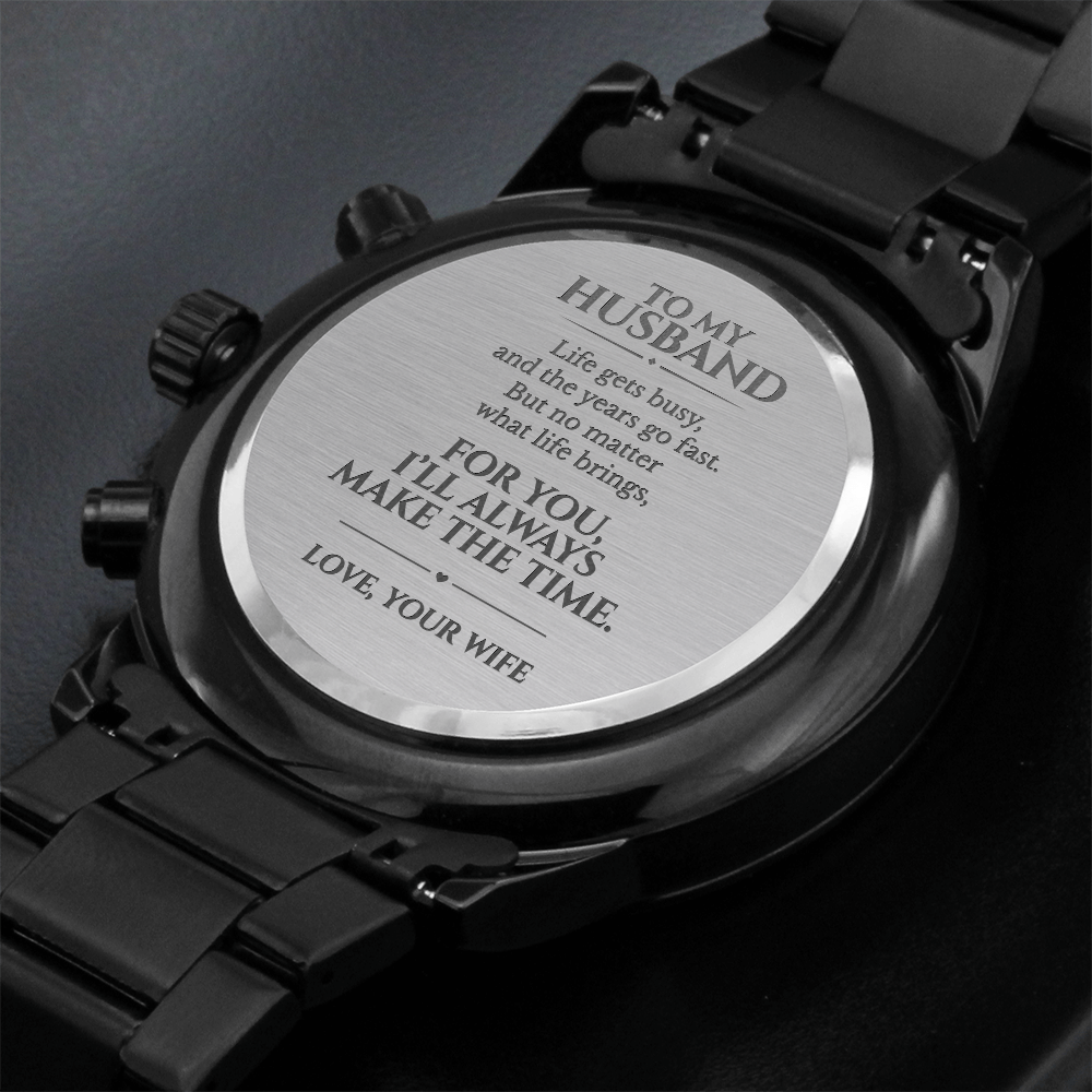 To My Husband Engraved Black Chronograph Watch, Gift From Wife