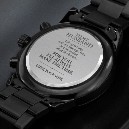 To My Husband Engraved Black Chronograph Watch, Gift From Wife