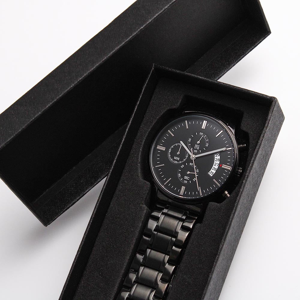 To My Husband Engraved Black Chronograph Watch, Gift From Wife