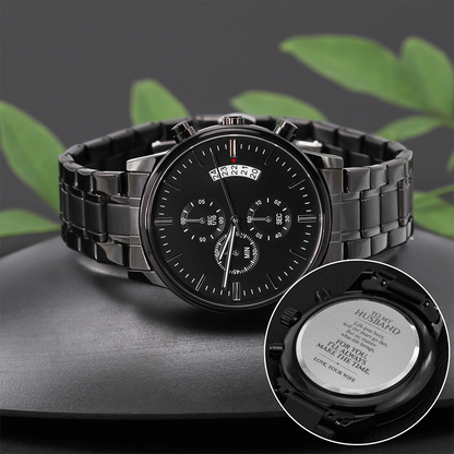 To My Husband Engraved Black Chronograph Watch, Gift From Wife
