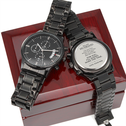 To My Husband Engraved Black Chronograph Watch, Gift From Wife