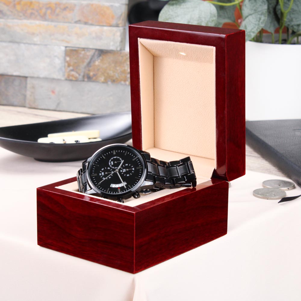 To My Husband Engraved Black Chronograph Watch, Gift From Wife
