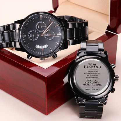 To My Husband Engraved Black Chronograph Watch, Gift From Wife