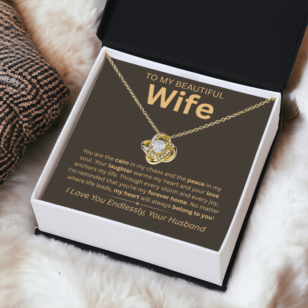 “To My Beautiful Wife” Eternal Love Knot Necklace – Heartfelt Gift from Husband | Anniversary, Christmas, or Birthday Surprise
