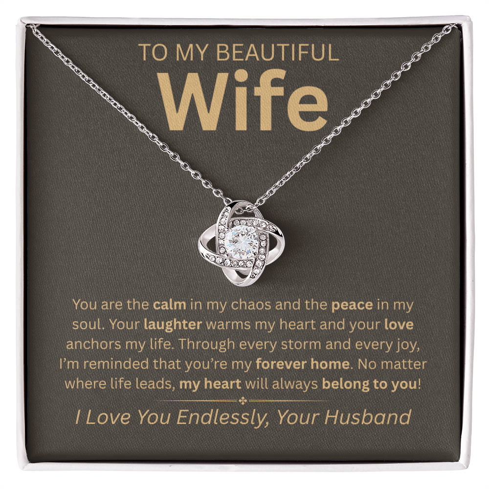 “To My Beautiful Wife” Eternal Love Knot Necklace – Heartfelt Gift from Husband | Anniversary, Christmas, or Birthday Surprise