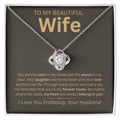 “To My Beautiful Wife” Eternal Love Knot Necklace – Heartfelt Gift from Husband | Anniversary, Christmas, or Birthday Surprise