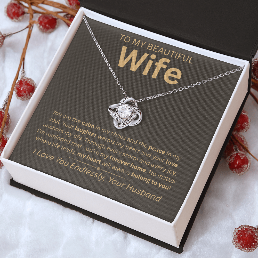 “To My Beautiful Wife” Eternal Love Knot Necklace – Heartfelt Gift from Husband | Anniversary, Christmas, or Birthday Surprise