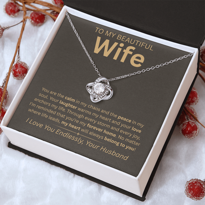 “To My Beautiful Wife” Eternal Love Knot Necklace – Heartfelt Gift from Husband | Anniversary, Christmas, or Birthday Surprise