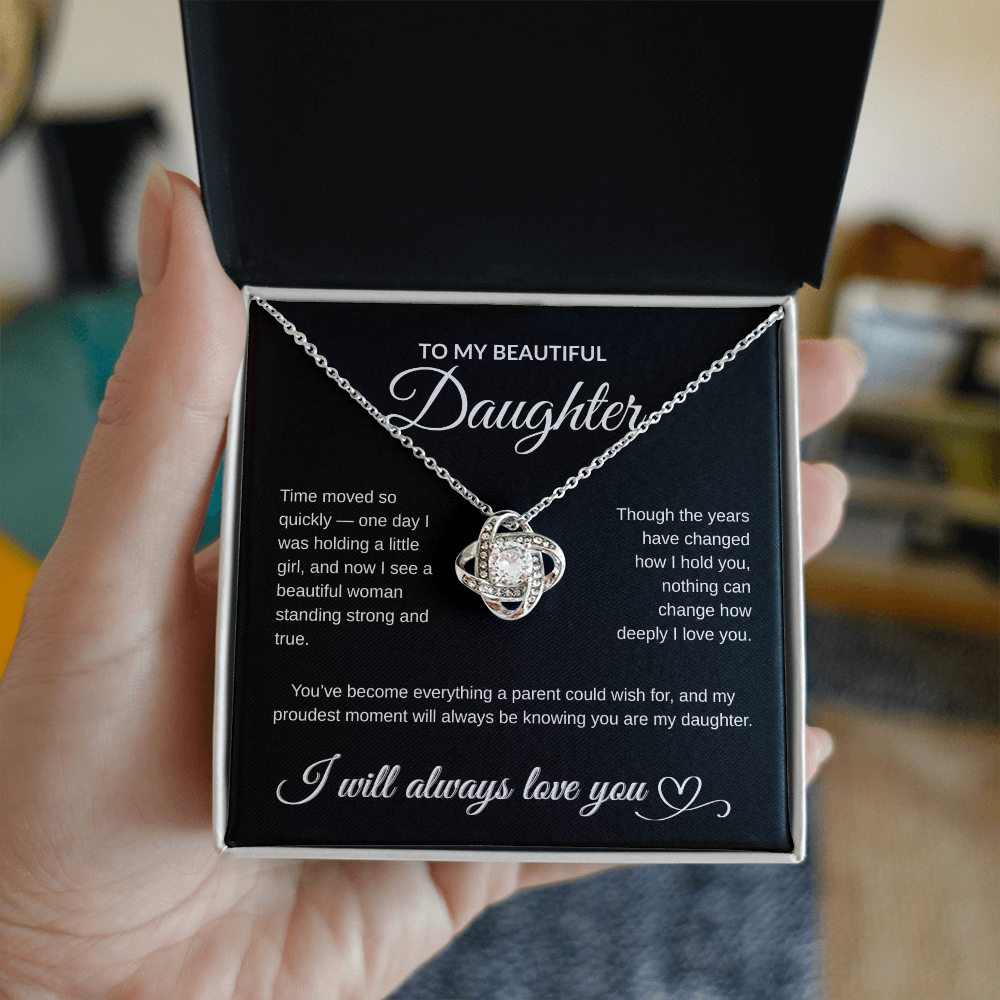 To My Beautiful Daughter Necklace – 14K White Gold or 18K Yellow Gold Finish | Heartfelt Message Card Gift from Mom or Dad | Birthday, Graduation, Christmas Jewelry