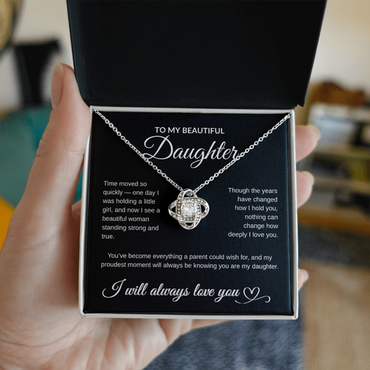 To My Beautiful Daughter Necklace – 14K White Gold or 18K Yellow Gold Finish | Heartfelt Message Card Gift from Mom or Dad | Birthday, Graduation, Christmas Jewelry