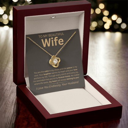 “To My Beautiful Wife” Eternal Love Knot Necklace – Heartfelt Gift from Husband | Anniversary, Christmas, or Birthday Surprise