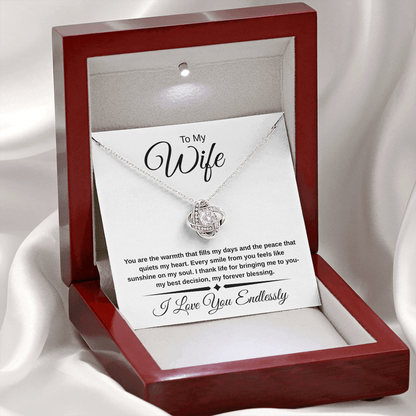 To My Wife – Love Knot Necklace | 14K White or 18K Yellow Gold | Romantic Anniversary Gift