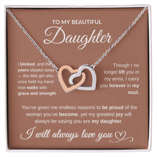 To My Beautiful Daughter – Interlocking Hearts Necklace (Yellow Gold or Rose/White Gold Variants)